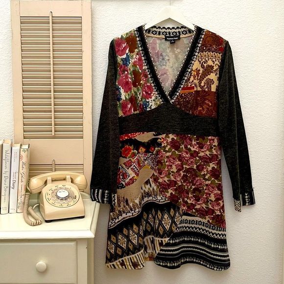 Fashion Fuse, Mixed Media Print Long Sleeve Dress, Floral, Paisley Fall … - Picture 1 of 8